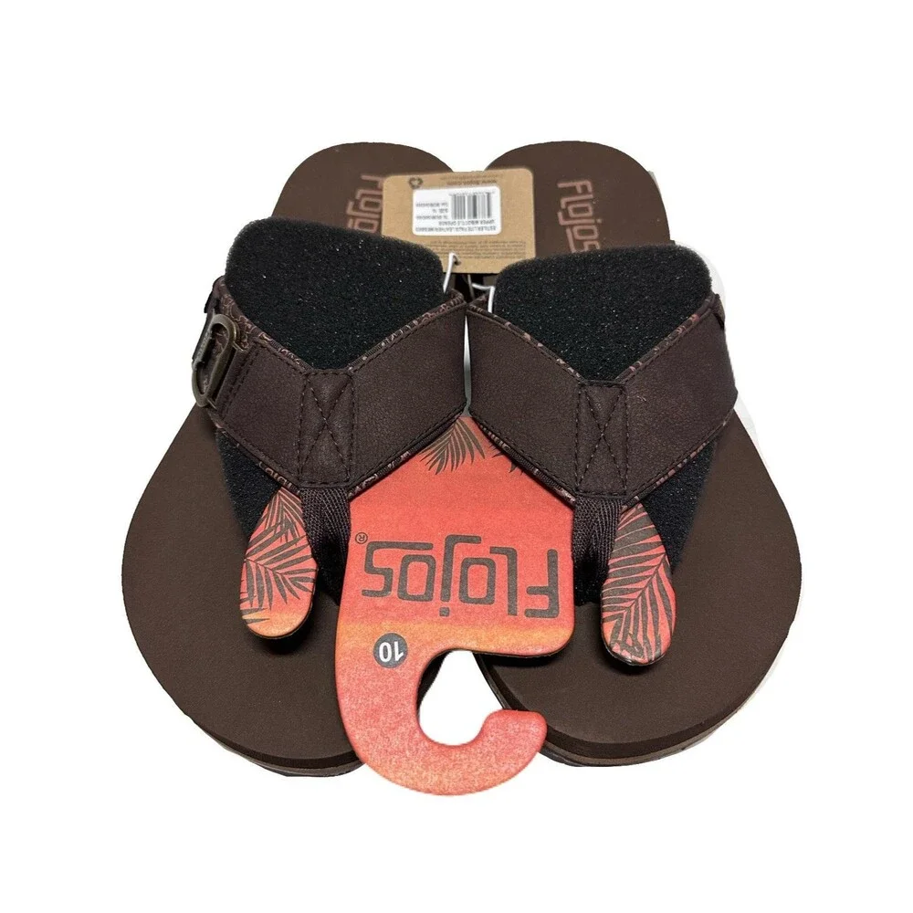 NEW Flojos Mens Size 10 Estiler Lite Bottle Opener Brown Faux Leather Flip Flops